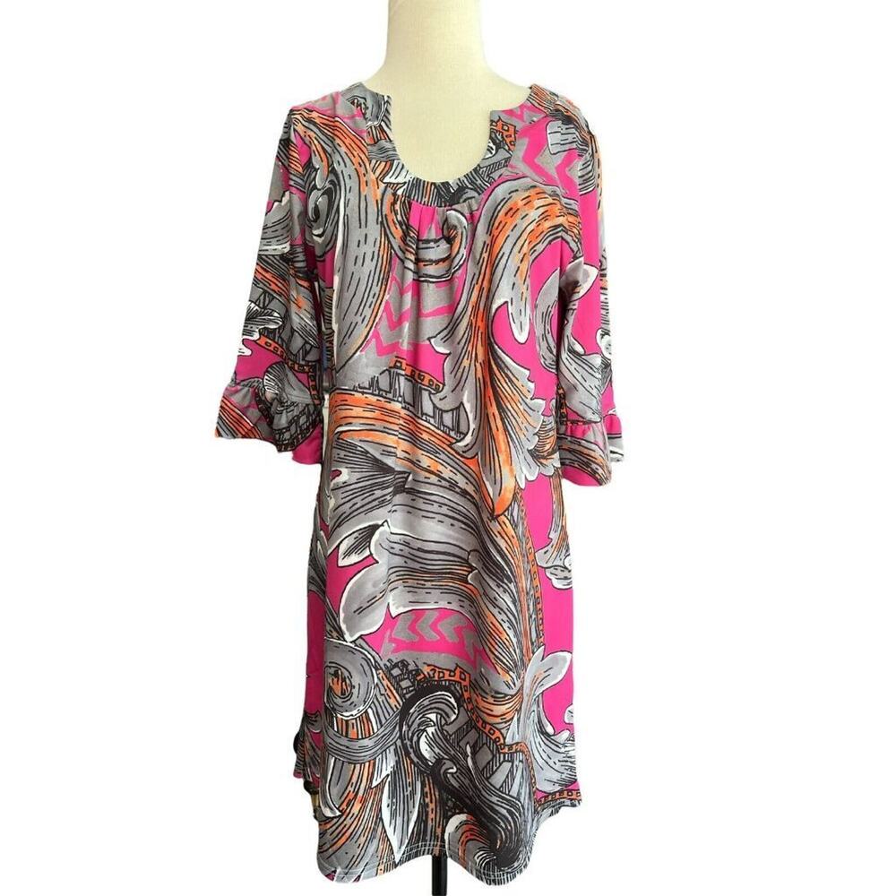 Medium Aryeh Raspberry Floral Stretch Bell Flare Sleeve Dress